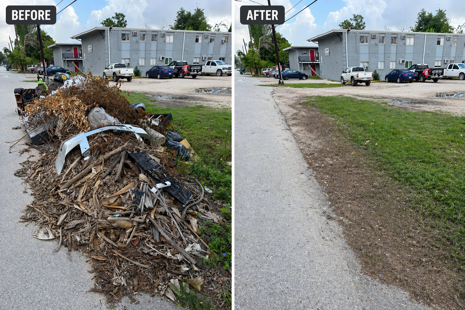 Before and after removal of a large curbside pile of yard waste, palm fronds and brush at a Houston apartment complex