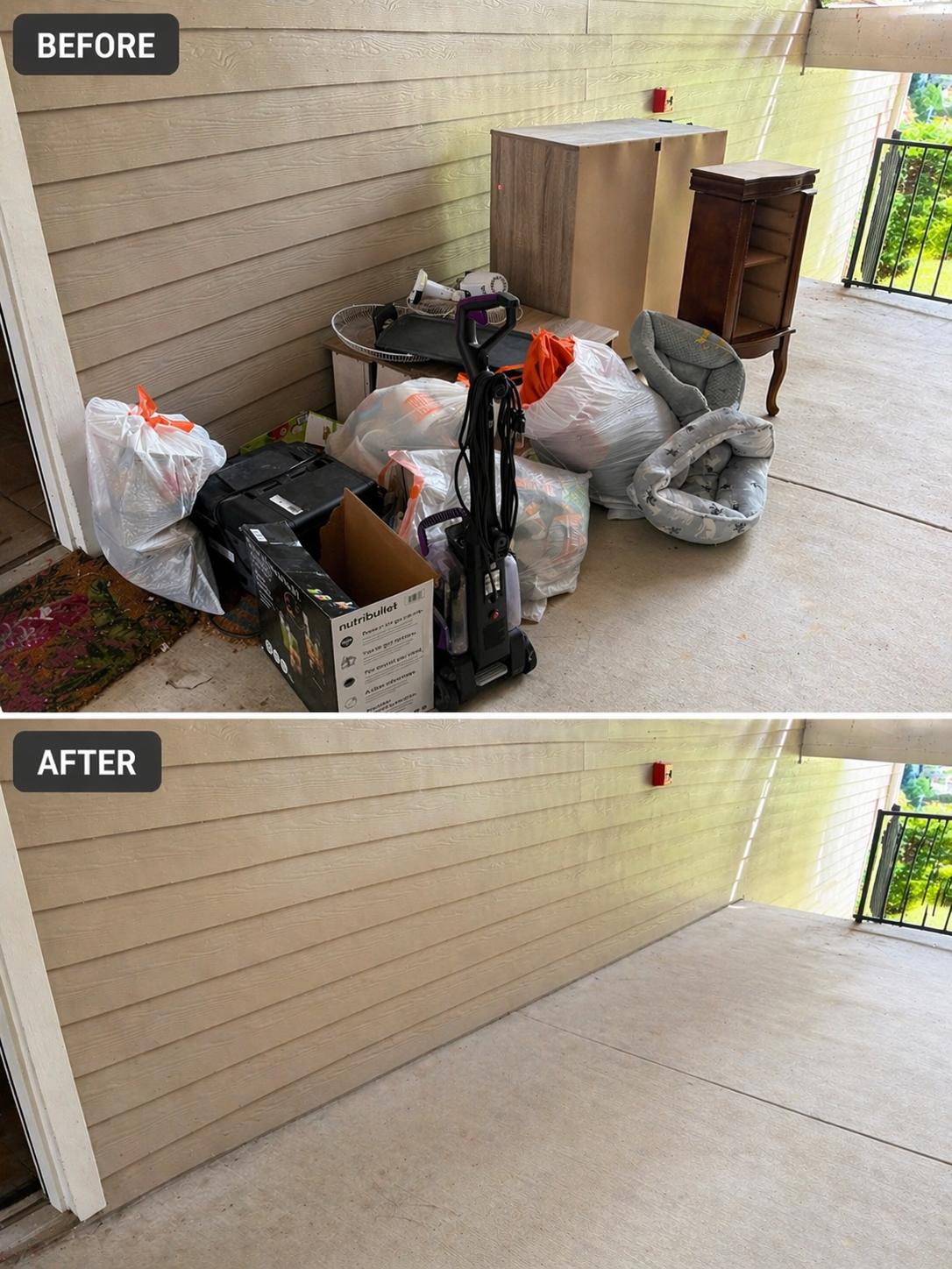 Before and after covered patio cleanout: bagged trash, an old dresser and a vacuum removed, leaving the space swept clean