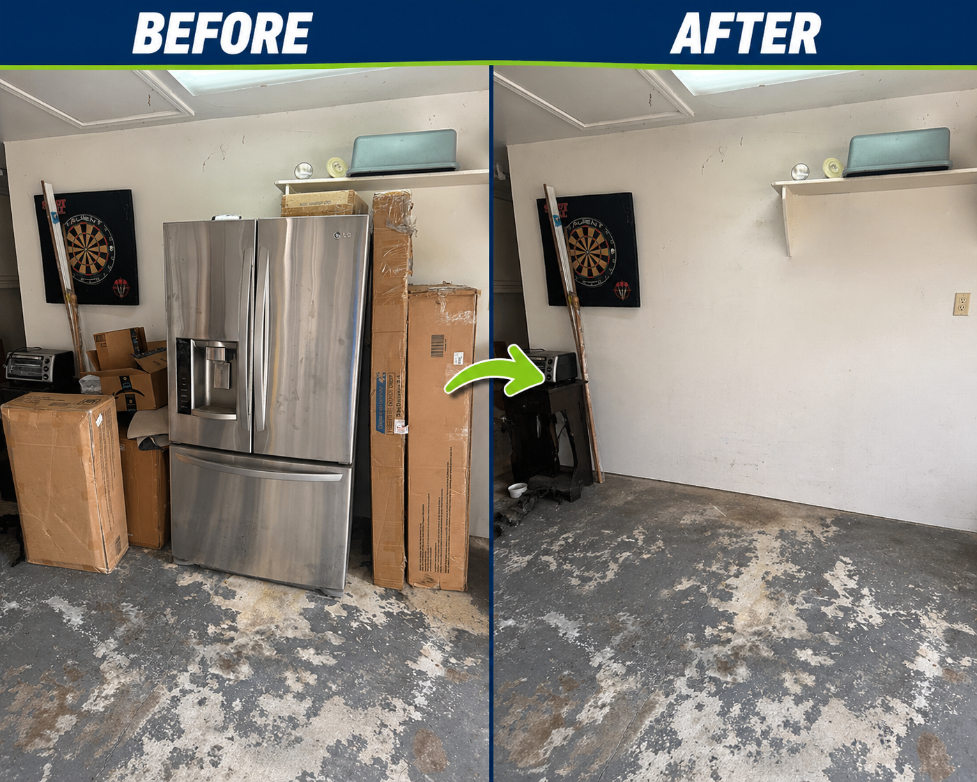 Before and after garage cleanout showing an old stainless refrigerator and stacked boxes hauled away, leaving an empty garage