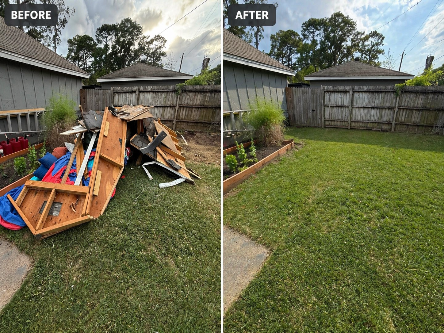 Before and after backyard cleanup showing a dismantled wooden playset and scrap lumber removed, leaving a clear green lawn